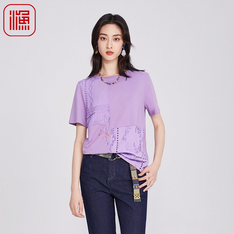 FISHING女装2025夏季流行单品拼接刺绣花短袖T恤潮流百搭FGHB2045
