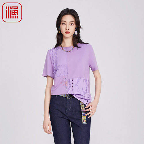 FISHING女装2025夏季流行单品拼接刺绣花短袖T恤潮流百搭FGHB2045