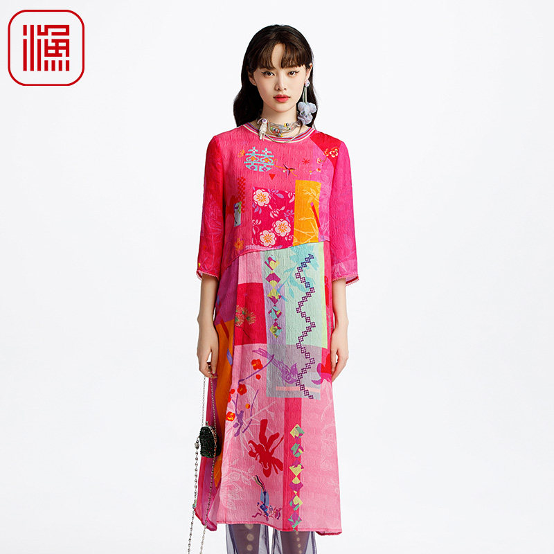 渔牌女装连衣裙2025新款女早春桑蚕丝印花撞色中长款裙子FGHA0006