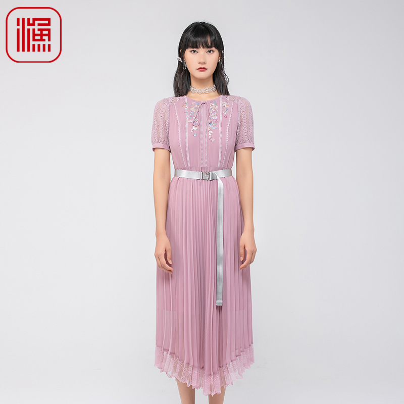 渔牌女装连衣裙2024新款女夏季雪纺压皱百褶裙子时尚礼服FGGB0070