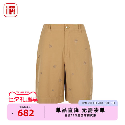 渔牌文艺刺绣休闲短裤女裤子