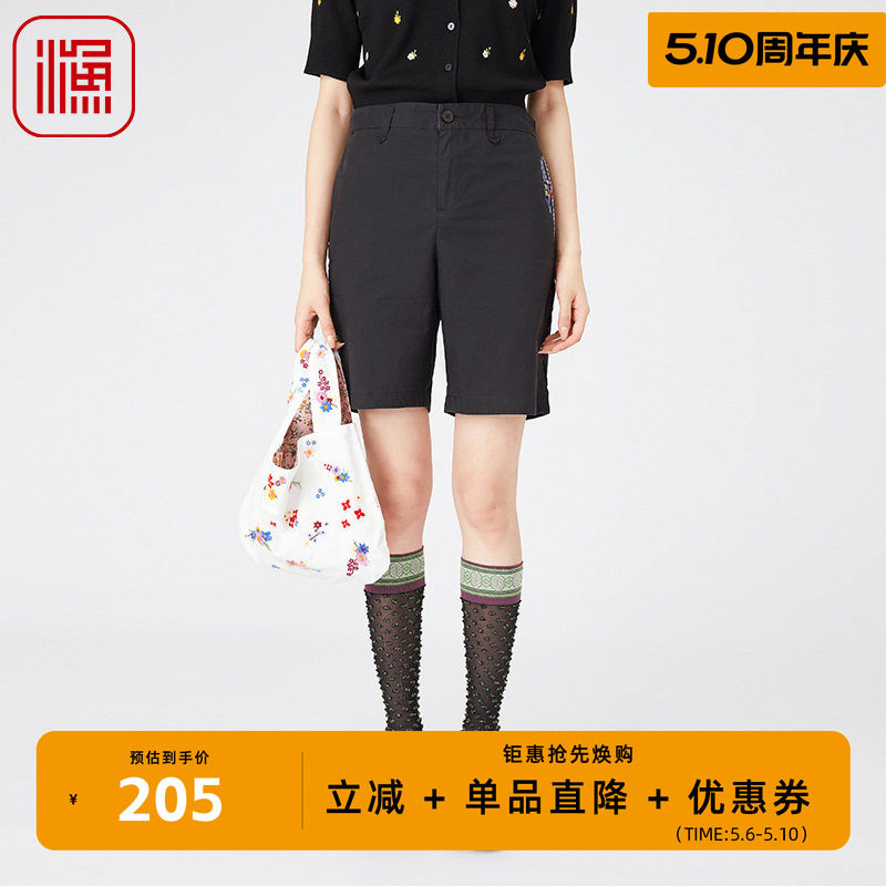 渔女装短裤女2024新款夏季纯棉全棉绣花弹力腰直筒休闲裤FGGB6406
