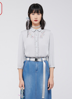 渔服饰春装女款2024年新款桑蚕丝刺绣花简约休闲衬衣上衣FGGA2212