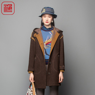 2023新款 带帽刺绣花休闲羊毛呢大衣FGFC3202 女外套春秋款 渔牌女装