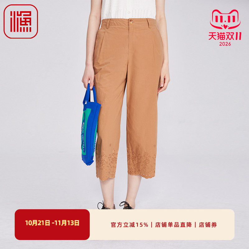渔牌女装短裤女2025新款夏棉绣花简约休闲阔腿长裤FGHB6227
