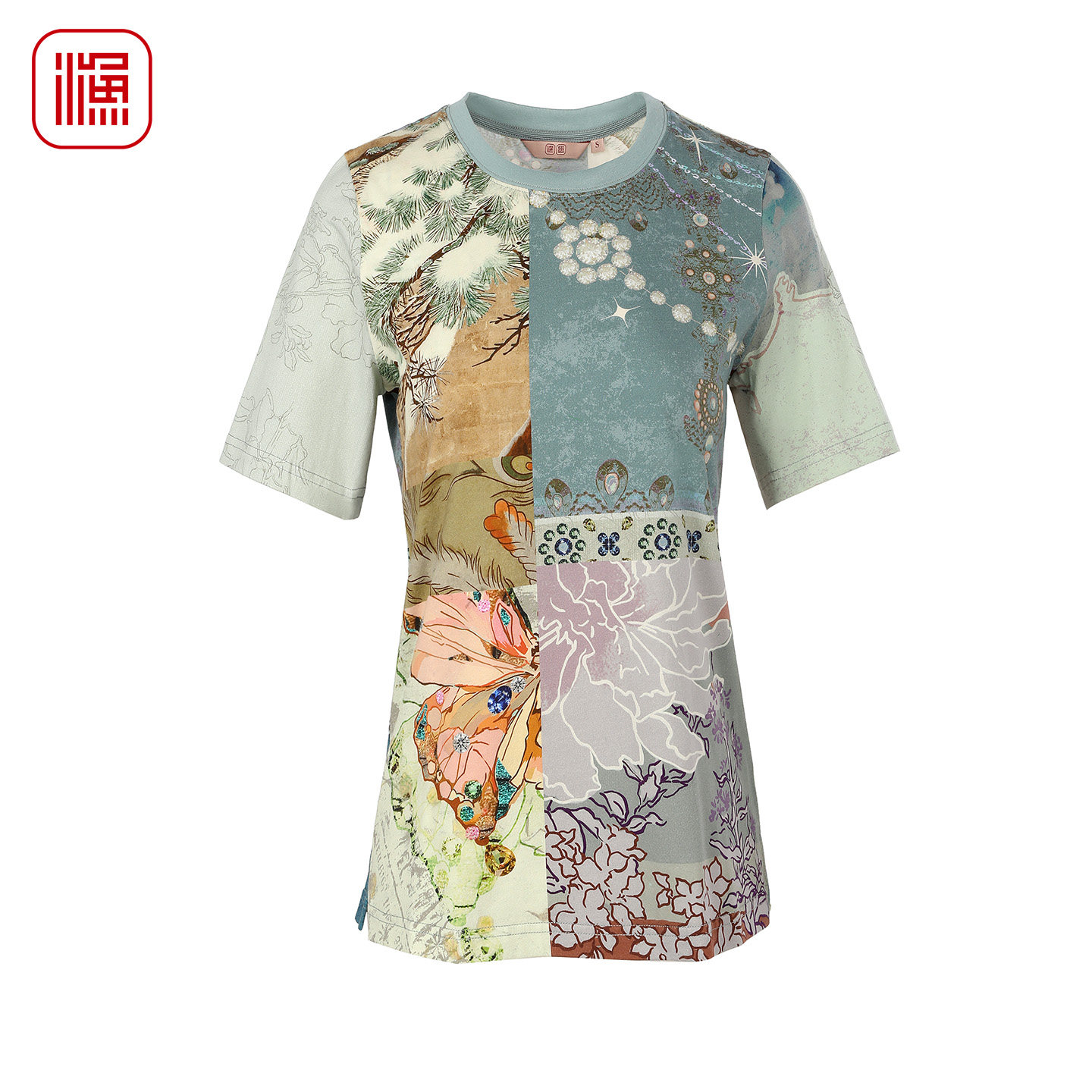 渔牌 2026春装新款短袖T恤女文艺国风拼接印花上衣套头衫FGIA2076