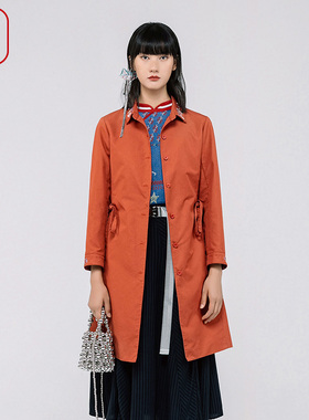 渔牌女装风衣女款2024新款春秋F绣花翻领简约休闲长款外套GGA3049