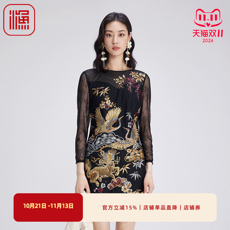 渔牌女装连衣裙2024新款女秋冬新中式重工国潮绣花蕾丝裙FGGD0033