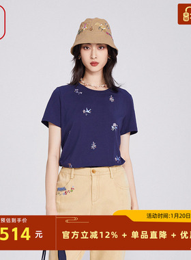 渔牌女装短袖t恤女2025新款春夏纯棉弹力刺绣花休闲上衣FGHB2083