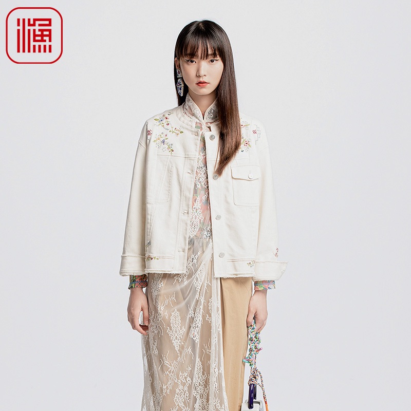 渔女装2024早秋外套纯棉毛边国风刺绣花立领休闲毛边上衣FGGC3008