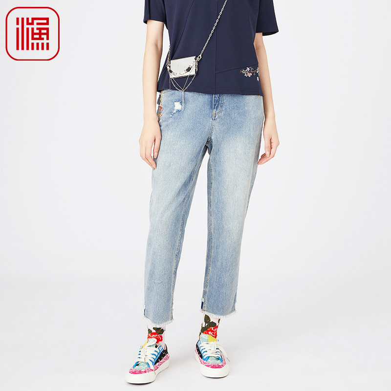 渔牌女装牛仔裤女2024年新款春夏款复古绣花破洞直筒长裤FGGA6002