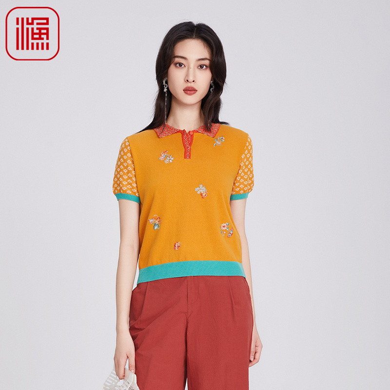 渔牌女装针织衫女2025新款春秋薄款翻领棉质短袖休闲毛衣FGHA1006