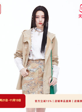 渔牌春装连帽刺绣抽绳收腰风衣