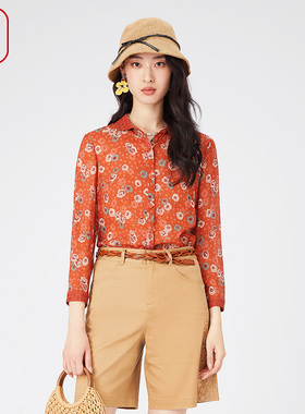 渔牌女装衬衣2024年新款女碎印花褶皱桑蚕丝休闲衬衫上衣FGGA2261