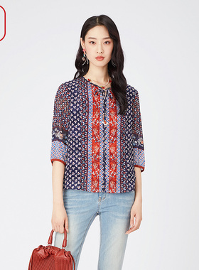 渔衬衫2024新款女装春夏真丝撞色拼接碎印花中袖休闲上衣FGGA2207