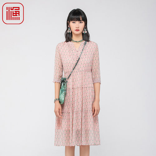 FISHING女装连衣裙2024新款真丝桑蚕丝气质碎印花裙子FGGB0049