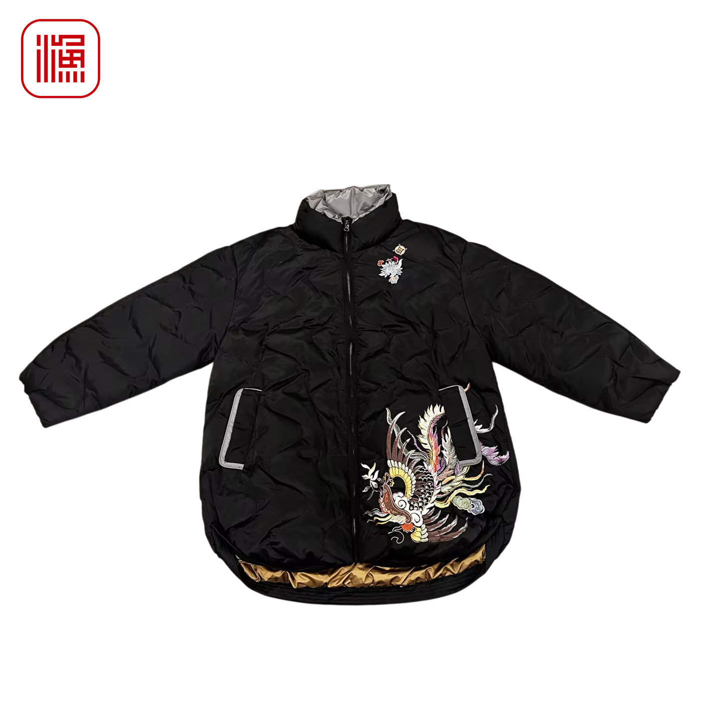 渔牌女秋冬短款立领国风羽绒服