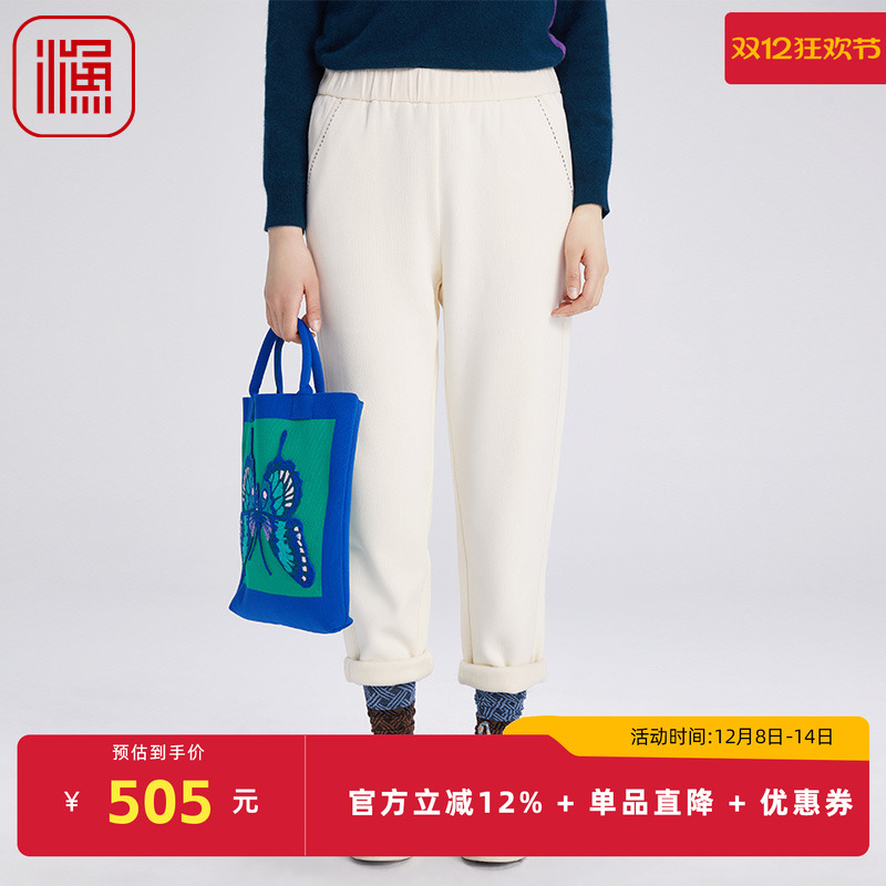 渔牌女装裤子女2024新款秋冬加绒厚款简约刺绣花针织长裤FGGD8208
