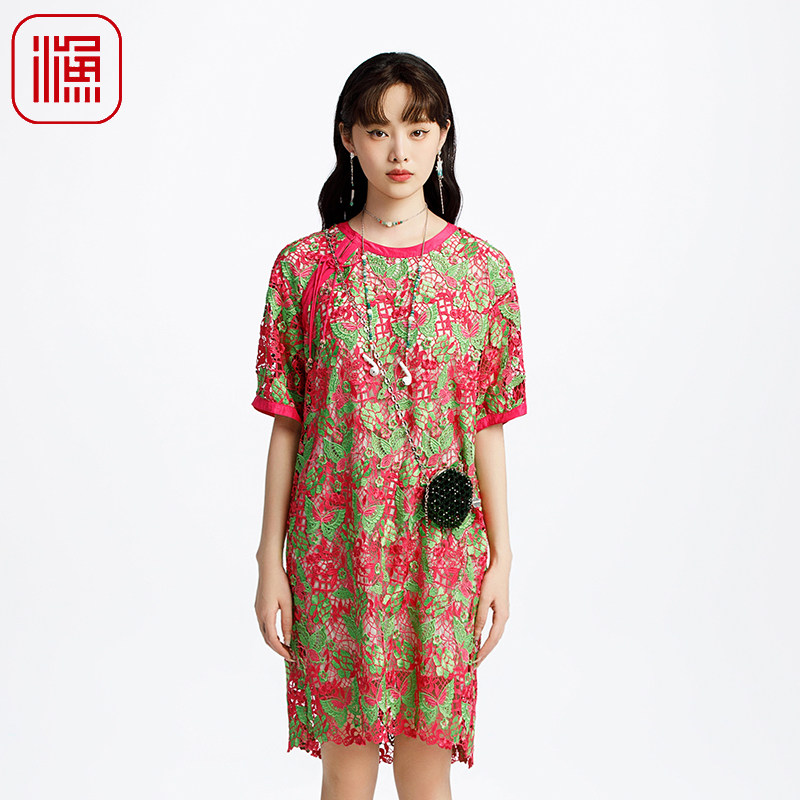渔牌女装连衣裙2025新款初夏穿搭雪纺镂空绣花五分袖裙子FGHA0085