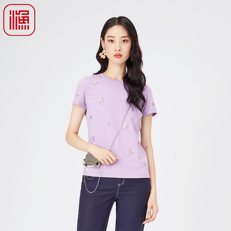 FISHING短袖t恤女2024新款夏季简约绣花纯棉全棉休闲上衣FGGB2049