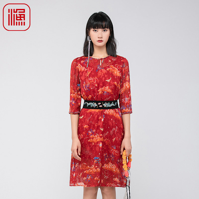 夏季新款真丝混纺宽松渔服连衣裙