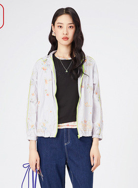渔牌女装外套女新款春夏2024潮流绣花时尚带帽薄款短外套FGGA3038