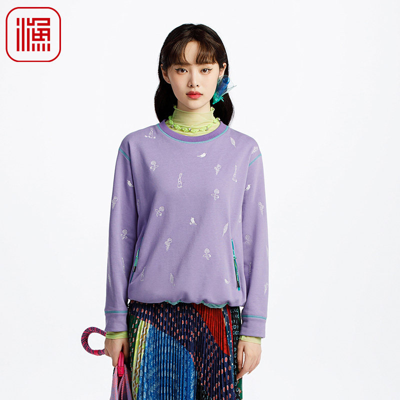 渔牌女装卫衣女2025新款春秋新中式绣花宽松休闲圆领上衣FGHA2507