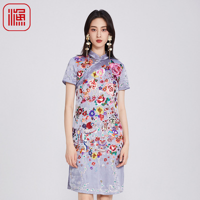 渔女装连衣裙夏女2025新款复古国风刺绣花真丝旗袍领裙子FGHB0120