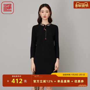 渔牌女装秋装女2023年新款针织翻领纯羊毛针织连衣裙礼服FGFD0027