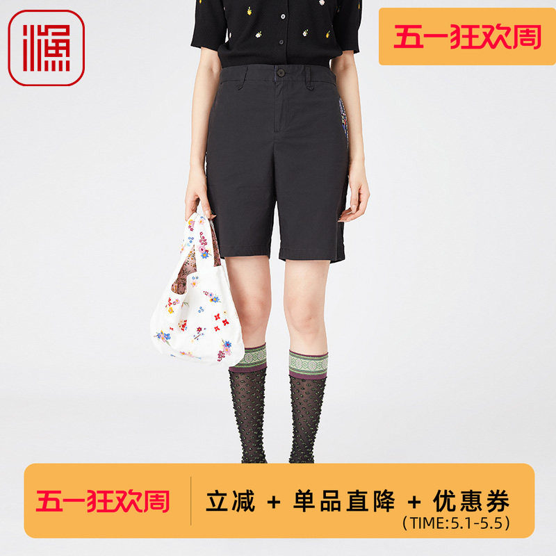 渔女装短裤女2024新款夏季纯棉全棉绣花弹力腰直筒休闲裤FGGB6406