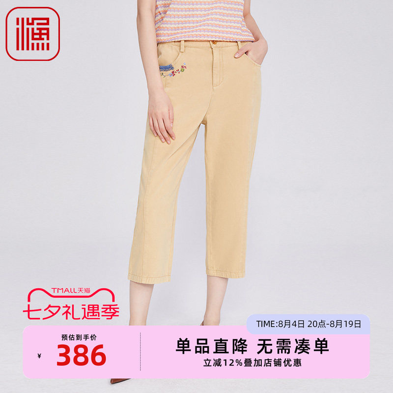 渔牌女装女裤子2025新款棉新中式简约绣花休闲长裤FGHA6241
