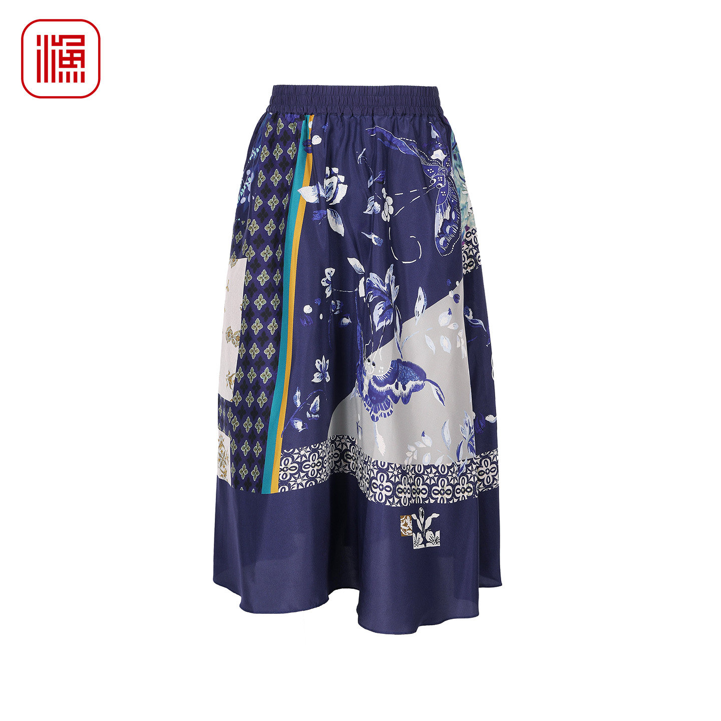 渔牌印花真丝半裙国风女裙子