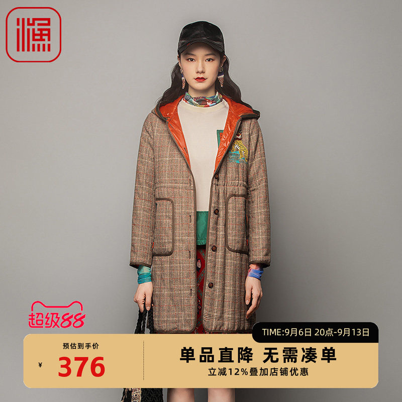 渔服饰棉服女冬季小方格子带帽中长款棉衣FGFD4022