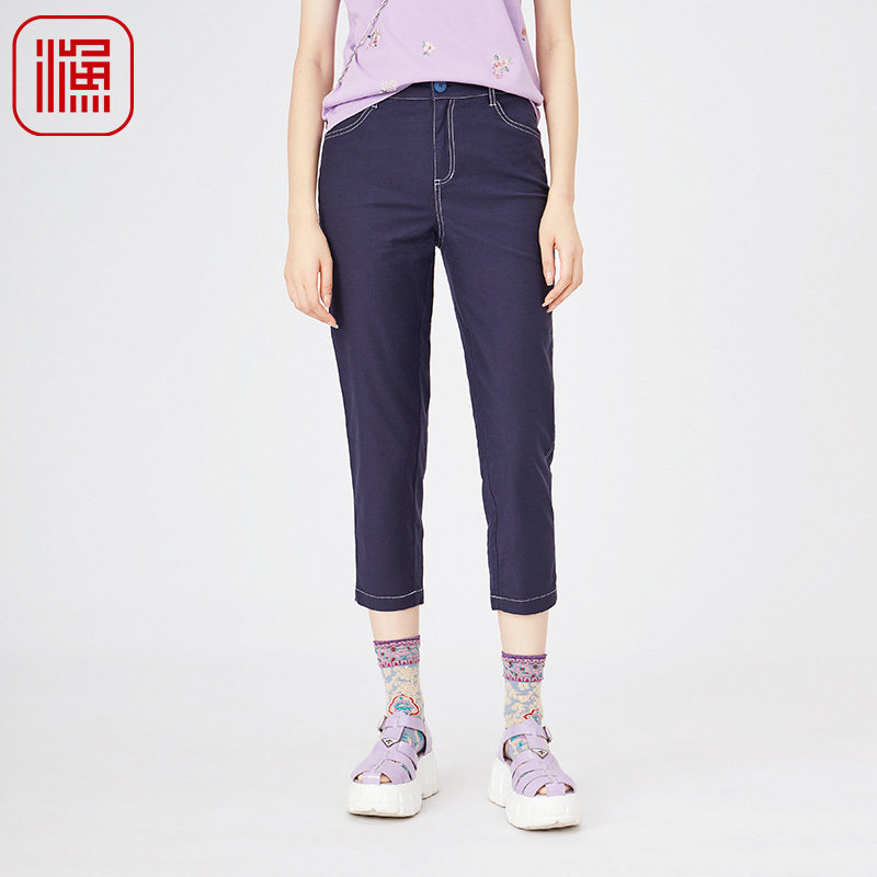 渔服饰裤子女2024新款春夏薄款棉质弹力休闲直筒九分长裤FGGB6229