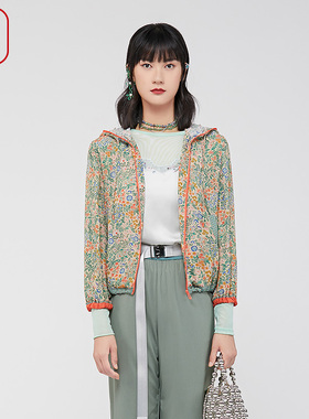 渔牌女装外套女款2024新款春夏薄款真丝连帽碎印花短外套FGGA3018