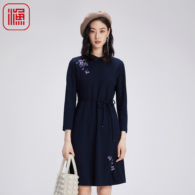 渔牌女装秋季2024新款翻领纯羊毛中式刺绣花毛呢连衣裙子FGGC0029图片
