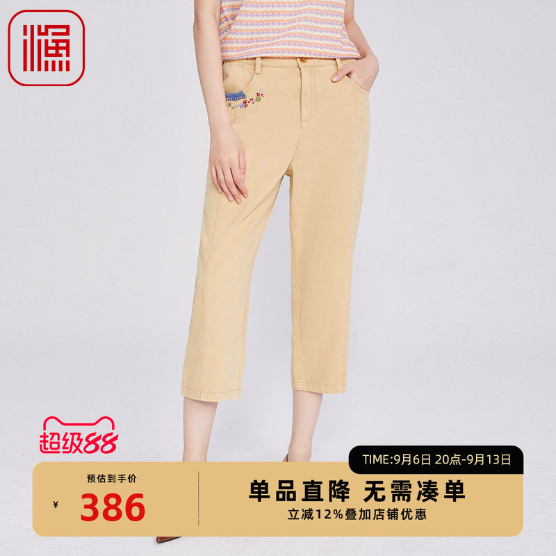 渔牌女装女裤子2025新款棉新中式简约绣花休闲长裤FGHA6241
