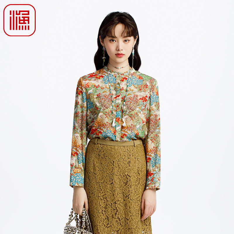 渔牌女装女士2025新款衬衫立领弹力真丝新中式休闲上衣女FGHA2257