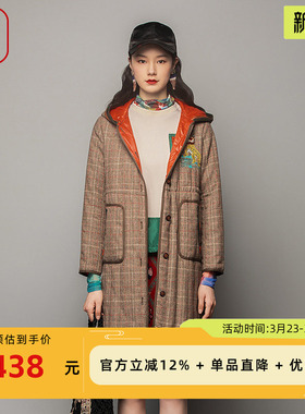 渔服饰棉服女2023年新款冬季小方格子羊毛带帽中长款棉衣FGFD4022