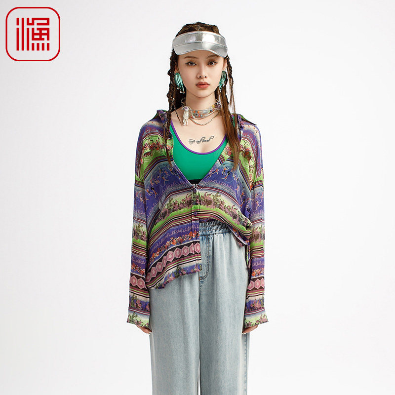 渔女装中式国风女装2025新款微邹横条纹印花真丝长袖衬衫FGHB2225