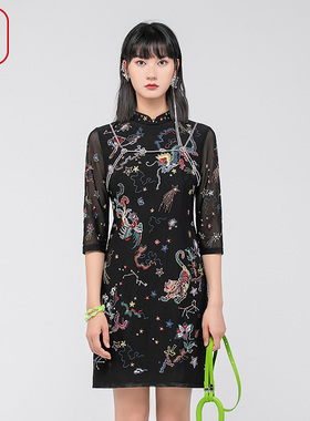 渔牌春装女2024年新款女弹力中国风刺绣花立领休闲连衣裙FGGA0003