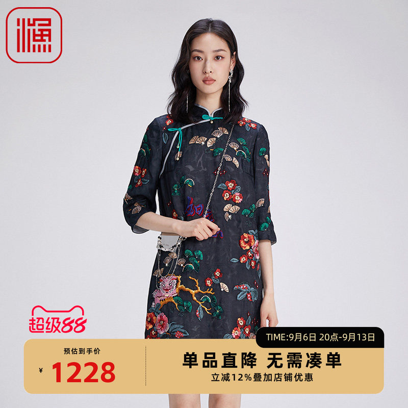 渔牌真丝女装连衣裙2024新款女秋冬桑蚕复古中式改良旗袍FGGD0042