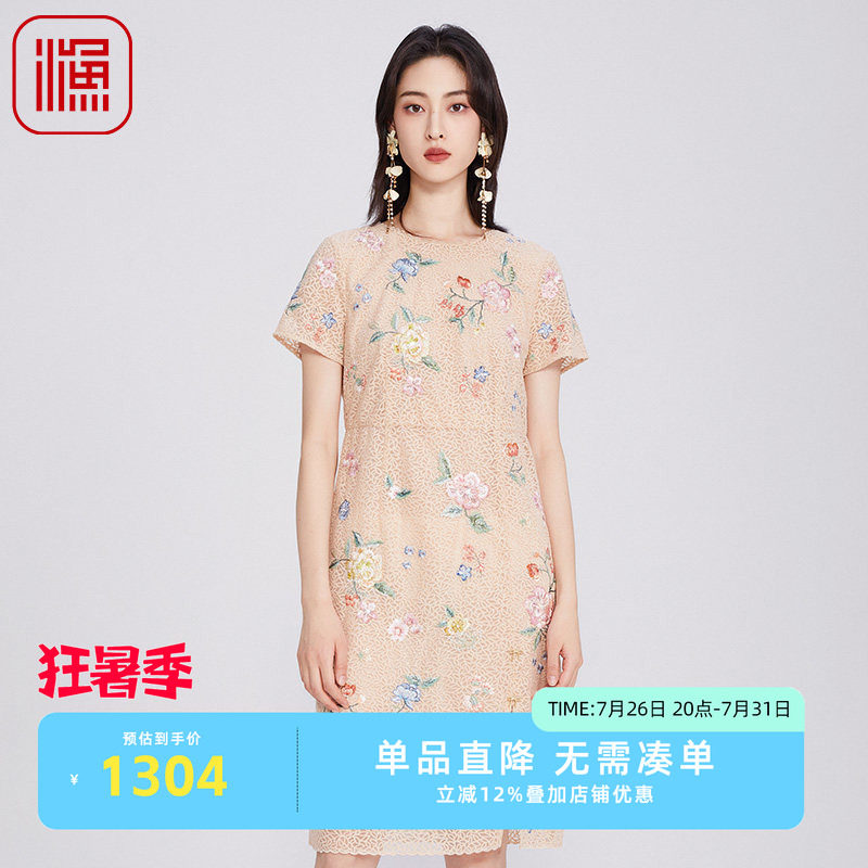 渔牌女装新中式2025夏季流行单品蕾丝重工绣花休闲连衣裙FGHB0109