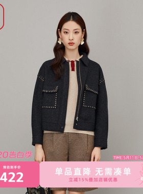 渔牌女装外套女2023新款羊毛加厚翻领休闲绣花短款呢外套FGFC3203
