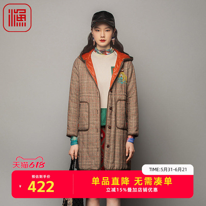 渔服饰棉服女2023年新款冬季小方格子带帽中长款棉衣FGFD4022