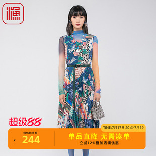 FISHING春装女2024年新款女撞色印花微弹雪纺无袖连衣裙FGGA0098