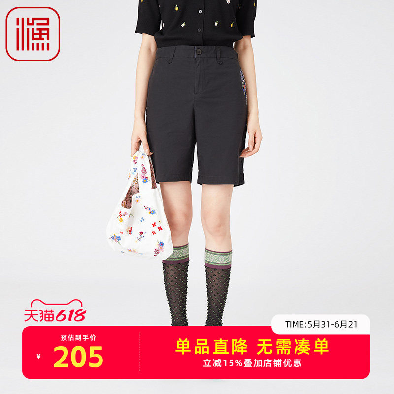 渔女装短裤女2024新款夏季纯棉全棉绣花弹力腰直筒休闲裤FGGB6406