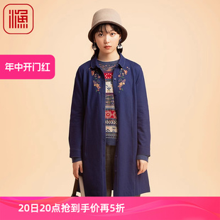 针织呢料绣花长款 渔牌女装 薄款 外套女2022新款 风衣女FGEC3203 秋季