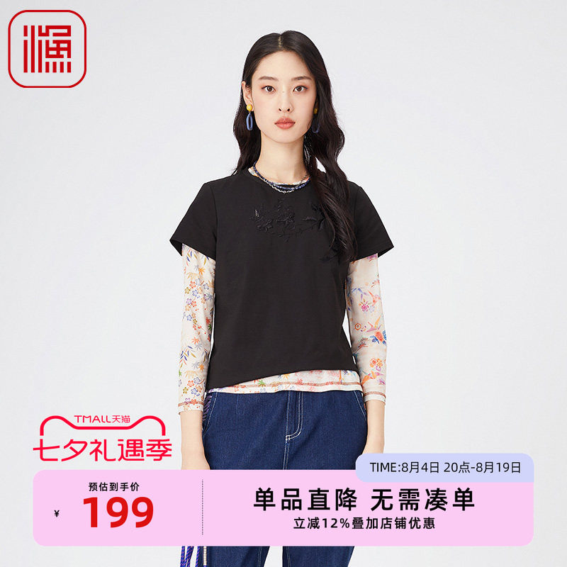 渔牌休闲时尚短袖T恤春夏新款套头女上衣刺绣国潮套头衫