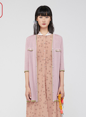 渔牌女装毛衣新款2024新款外搭镂空中长款针织开衫外套女FGGA3615